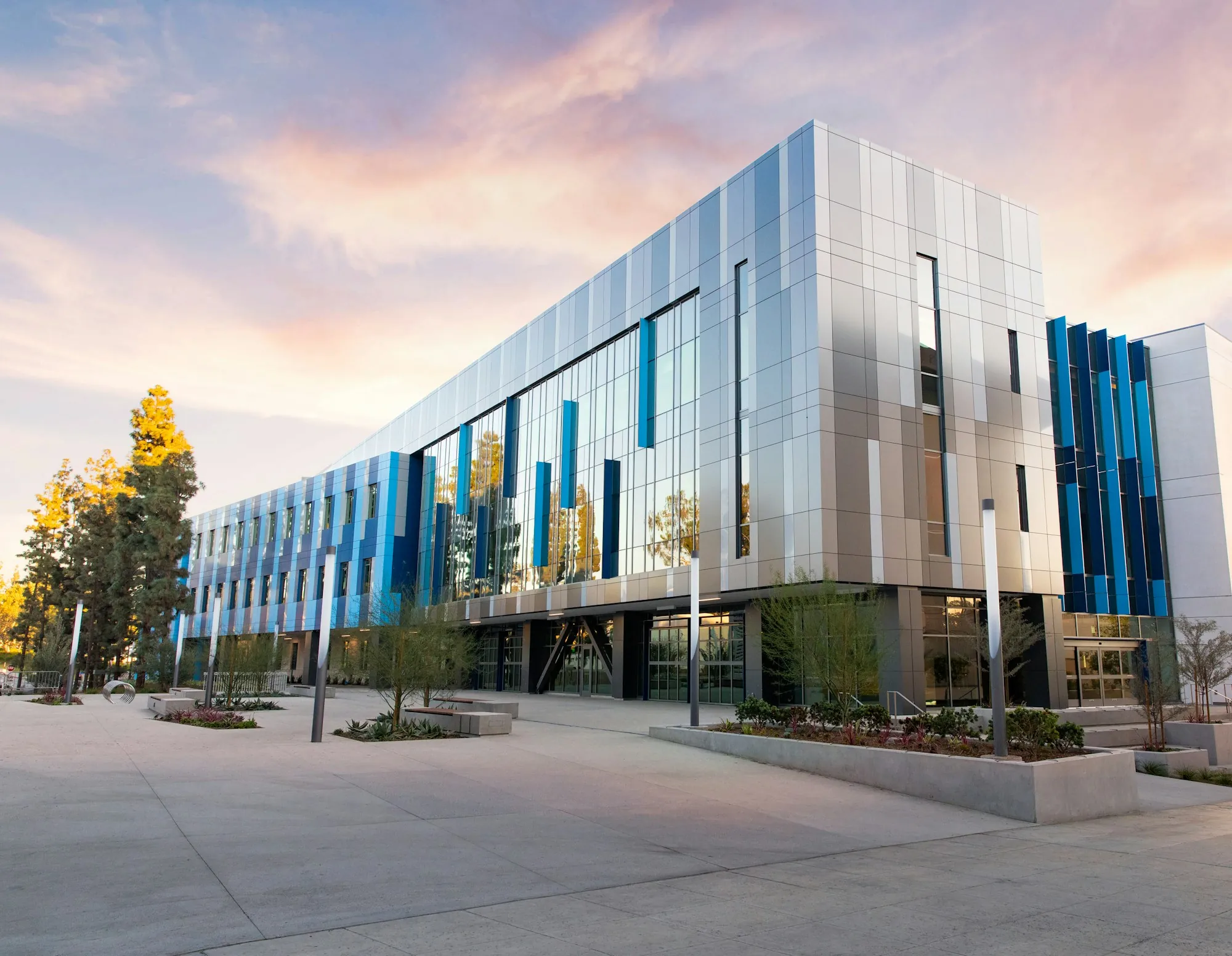 Modern office campus at sunset