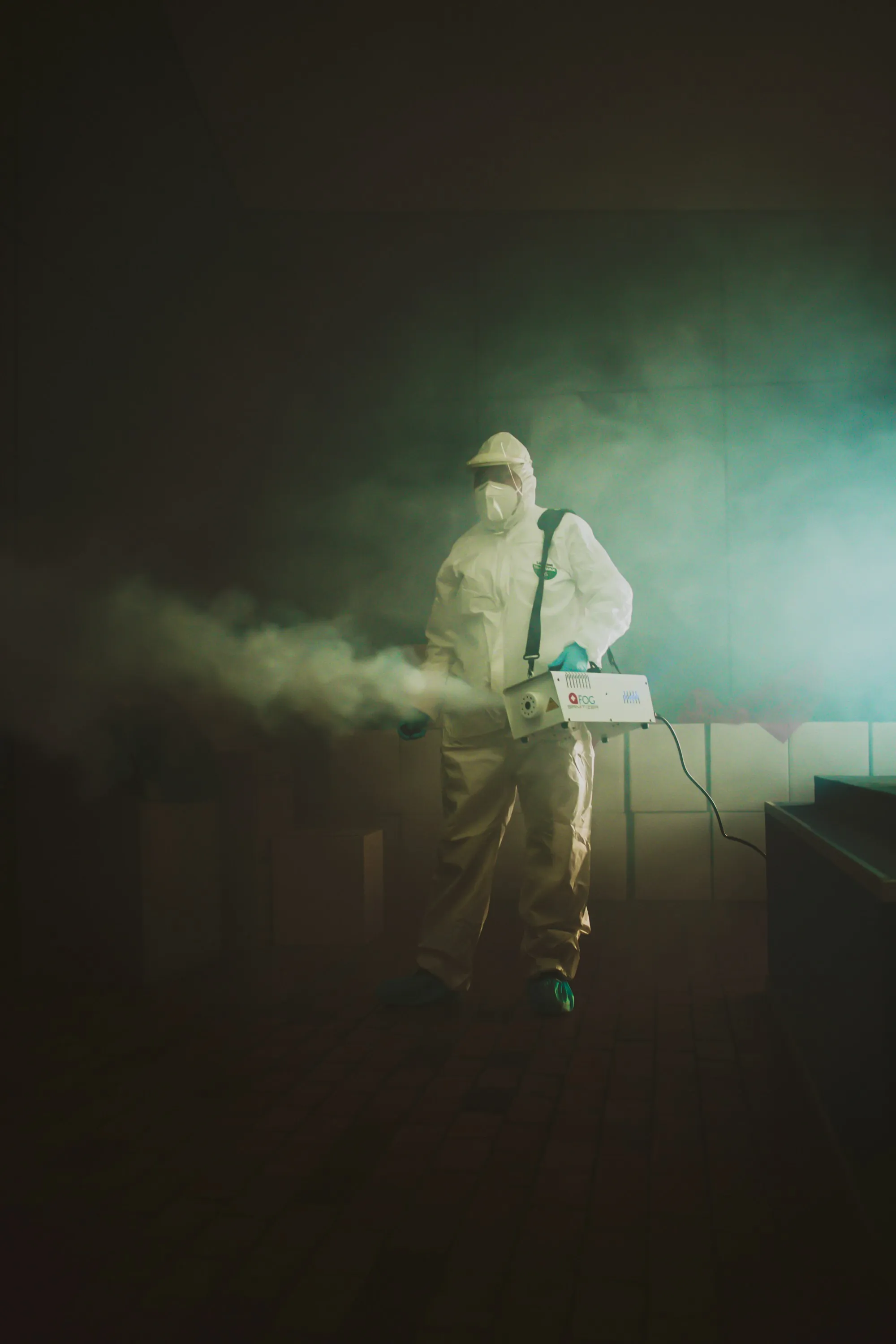 Technician fogging a room with a disinfectant mist